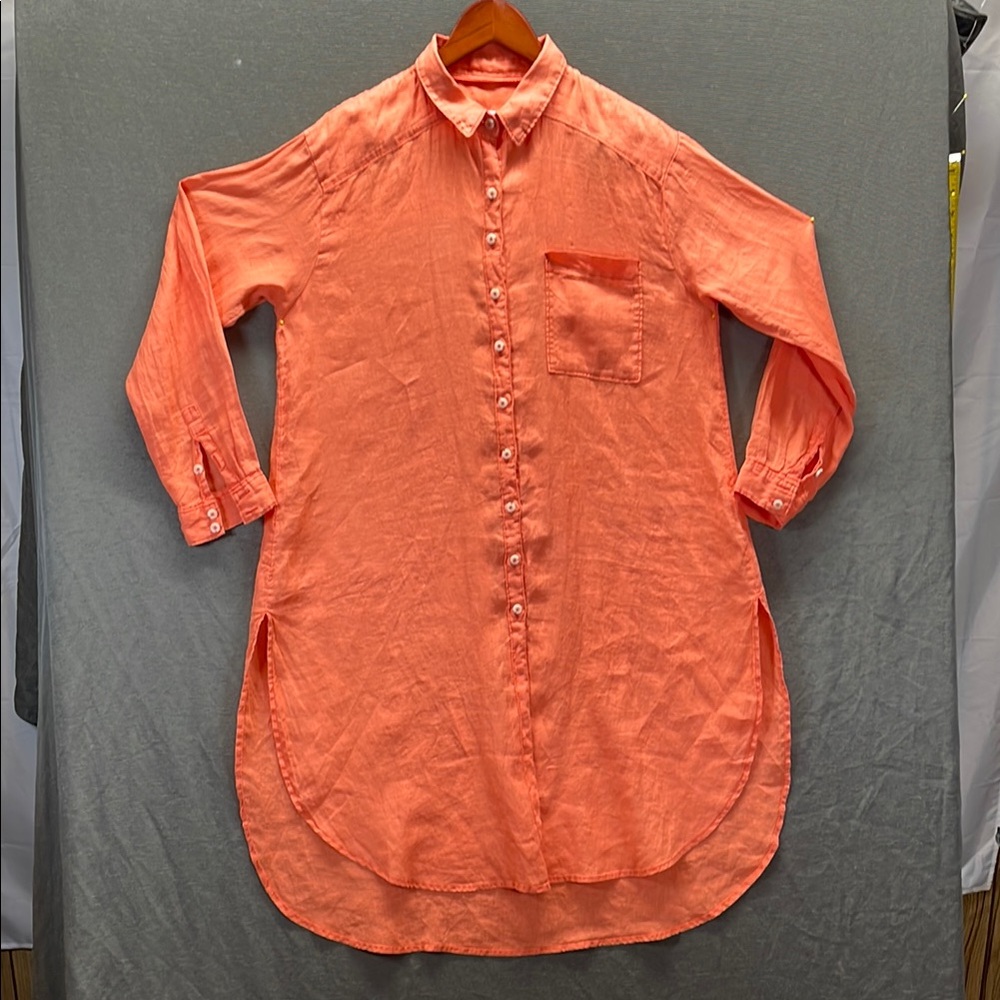 Anthropologie Linen Relaxed‎  Orange Tunic shirt dress with Classic Collar